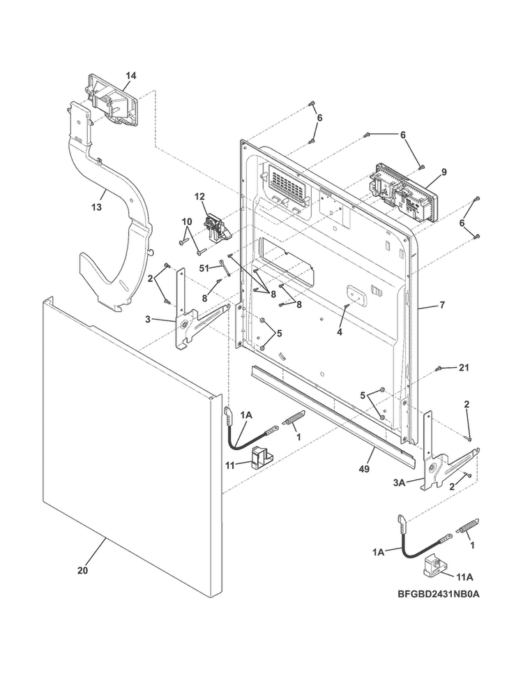 Door Diagram and Parts List for CDB900NS1A  Crosley Dishwasher