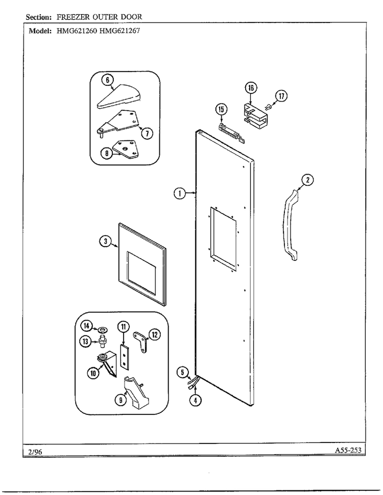 Freezer Outer Door Diagram and Parts List for 621260  Admiral Refrigerator