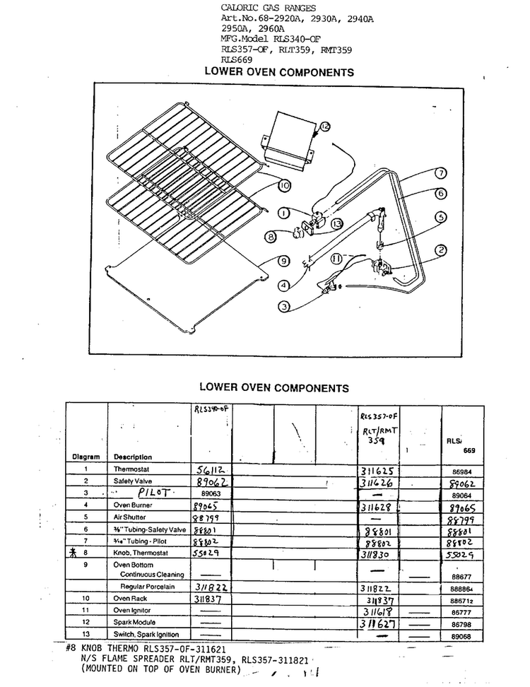 Lower Oven Components Diagram and Parts List for 2940A  Amana Range