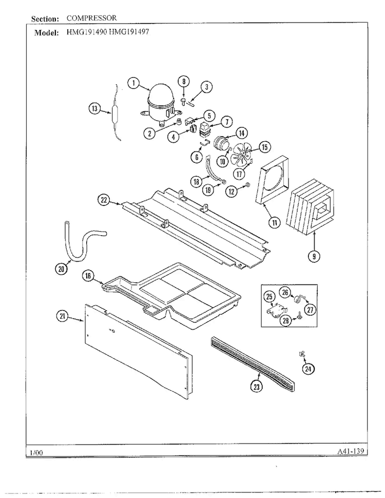 Compressor Diagram and Parts List for HMG191490  Admiral Refrigerator