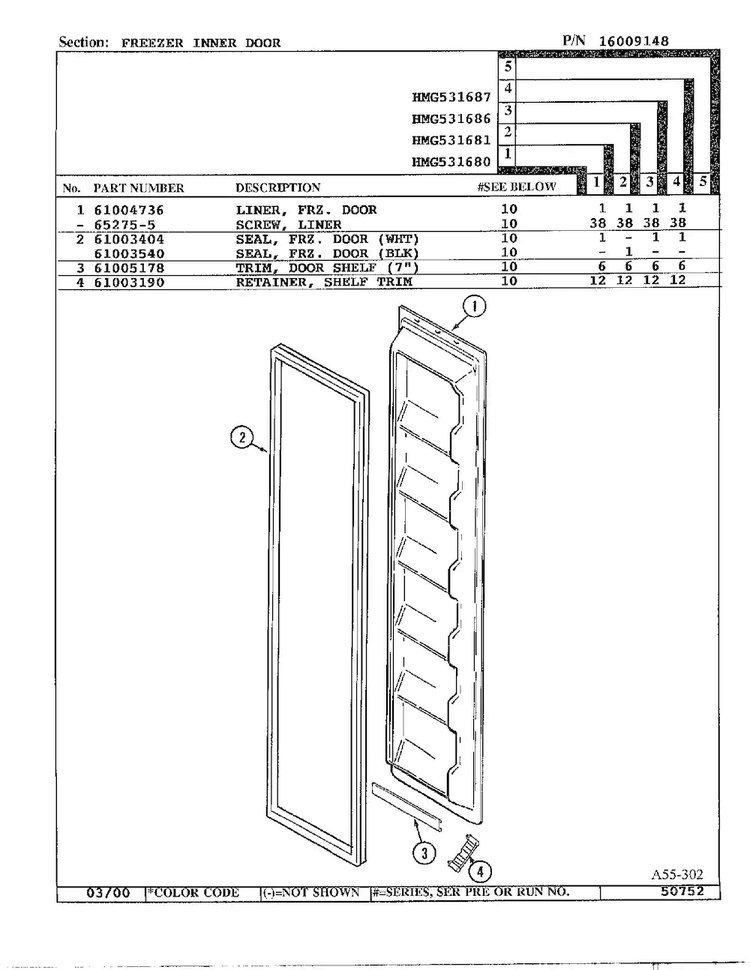 Freezer Inner Door Diagram and Parts List for HMG531680  Admiral Refrigerator
