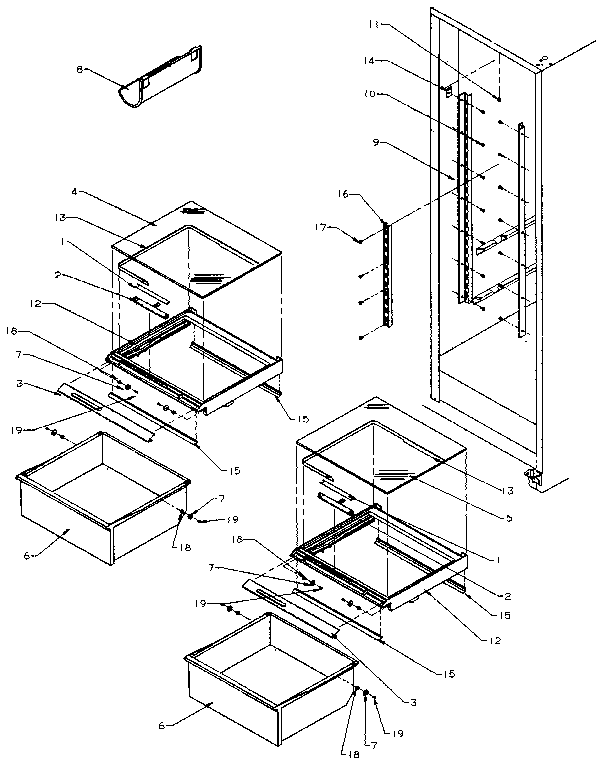 Refrigerator Shelving And Drawers Diagram and Parts List for SSD25NB-P1162409W  Amana Refrigerator