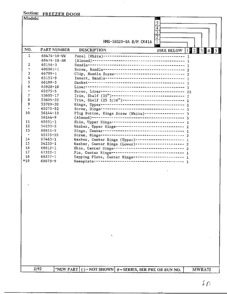 Freezer Door Page 2 Diagram and Parts List for 18020-0A  Admiral Refrigerator
