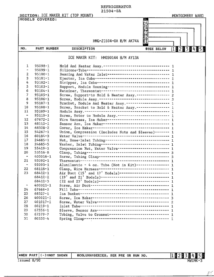 Ice Maker Kit Diagram and Parts List for 21504-0A  Admiral Refrigerator