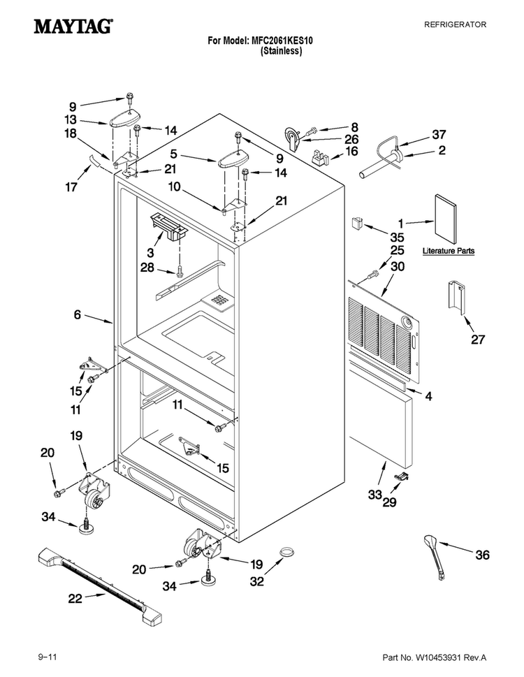 Cabinet Parts Diagram and Parts List for MFC2061KES10  Maytag Refrigerator