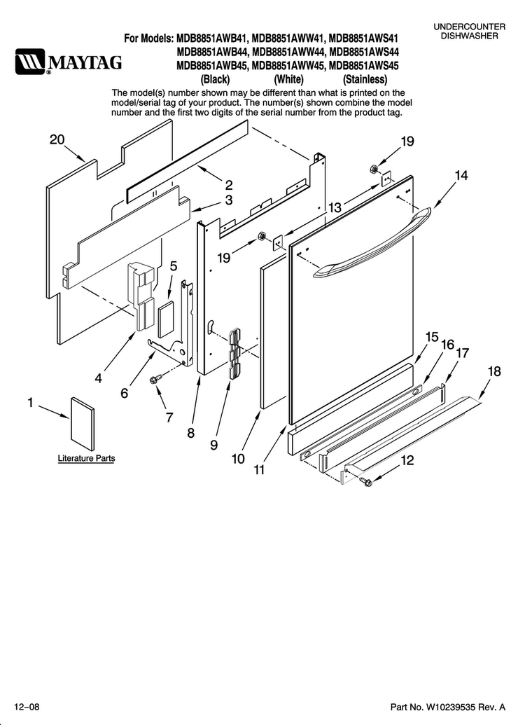 Door And Panel Parts Diagram and Parts List for MDB8851AWS45  Maytag Dishwasher