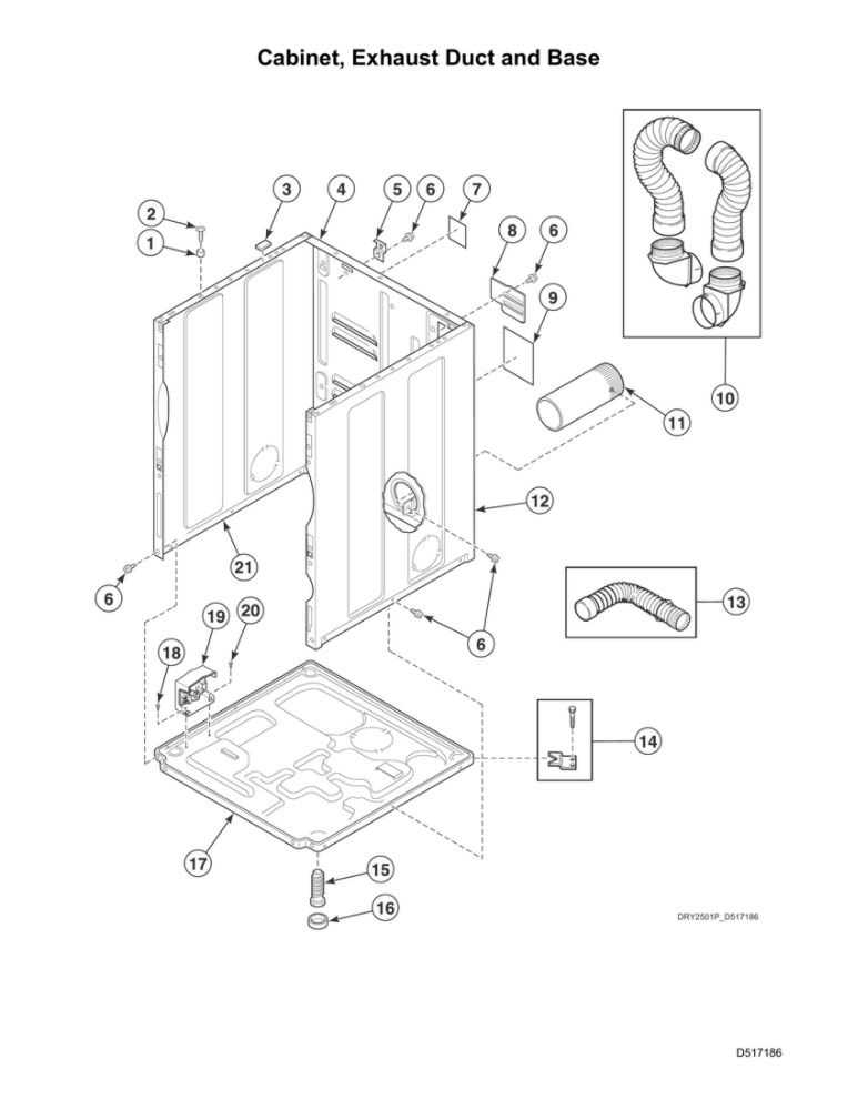 Cabinet/Exhaust Duct/Base Diagram and Parts List for ADE4BRGS176TW01  Speed Queen Dryer