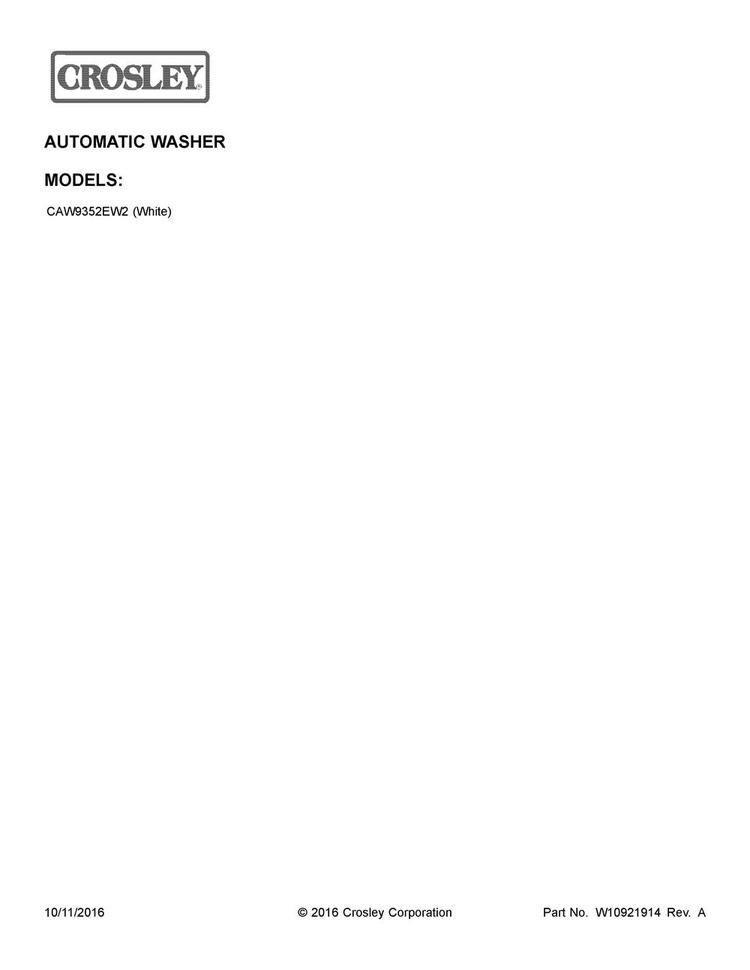 Cover Sheet Diagram and Parts List for CAW9352EW2  Crosley Washer