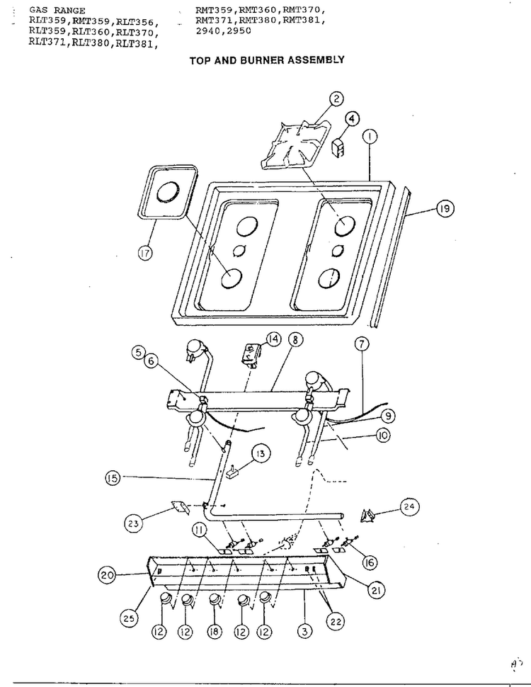 Top And Burner Assembly Diagram and Parts List for RLT360  Amana Range
