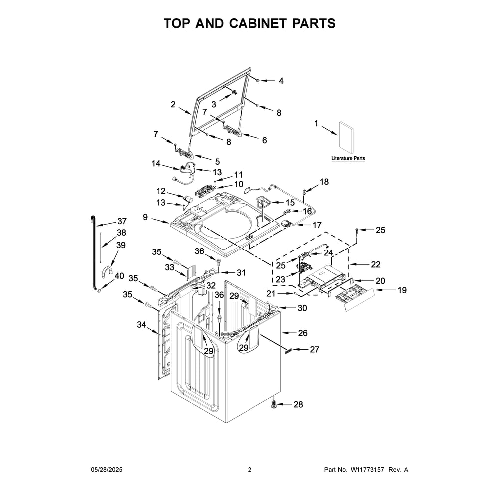 Top And Cabinet Parts Diagram and Parts List for MVW6230RHW5  Maytag Washer