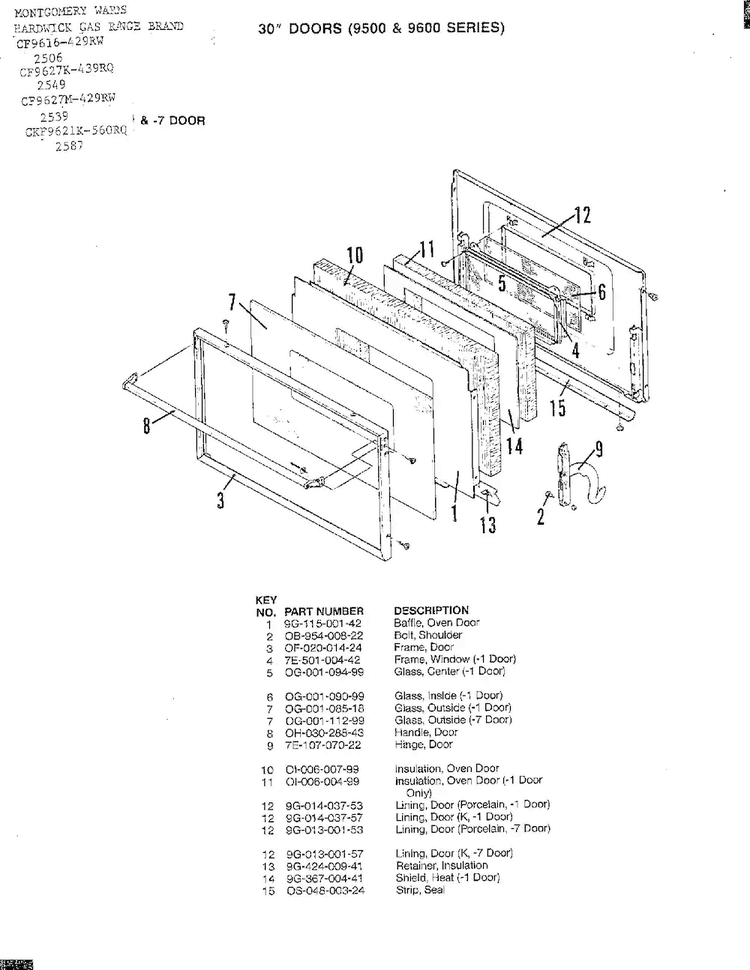 30" Doors Diagram and Parts List for 2549  Hardwick Range