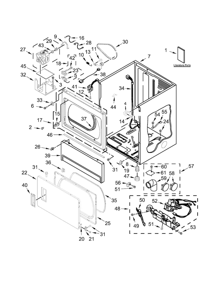 Lower Cabinet And Front Panel Parts Diagram and Parts List for MLG26PDBWW0  Maytag Dryer