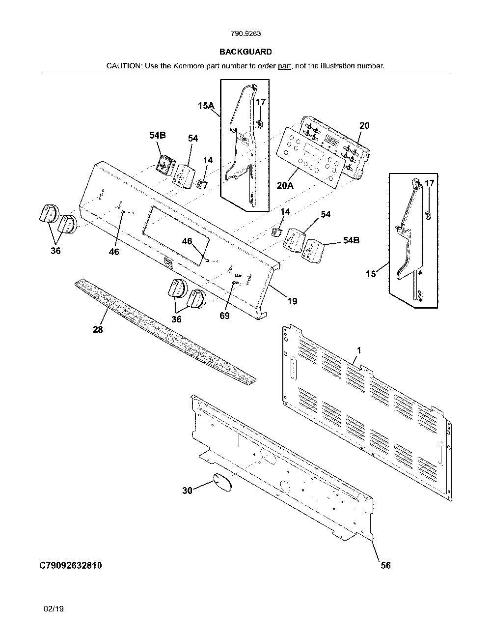 Backguard Diagram and Parts List for 79092633810  Kenmore Range