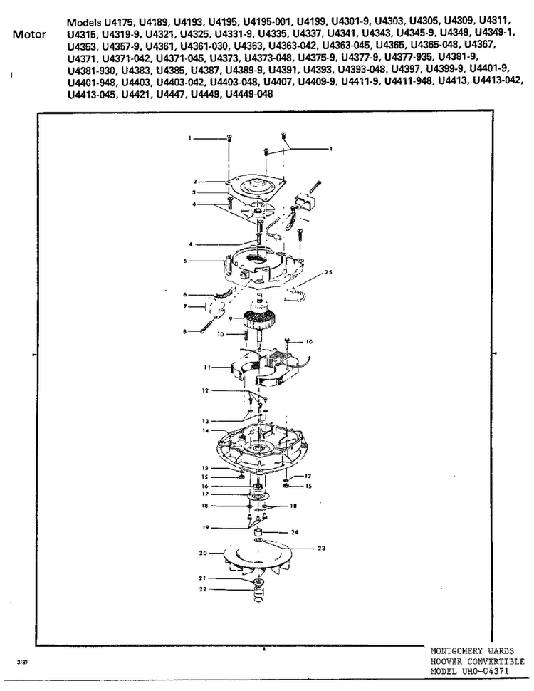 Motor Assembly Diagram and Parts List for U4371  Hoover Upright Vacuum