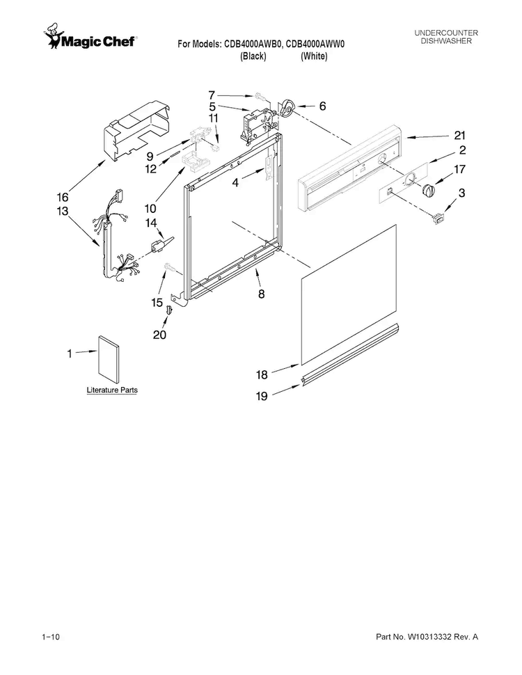 Frame And Console Parts Diagram and Parts List for CDB4000AWB0  Magic Chef Dishwasher