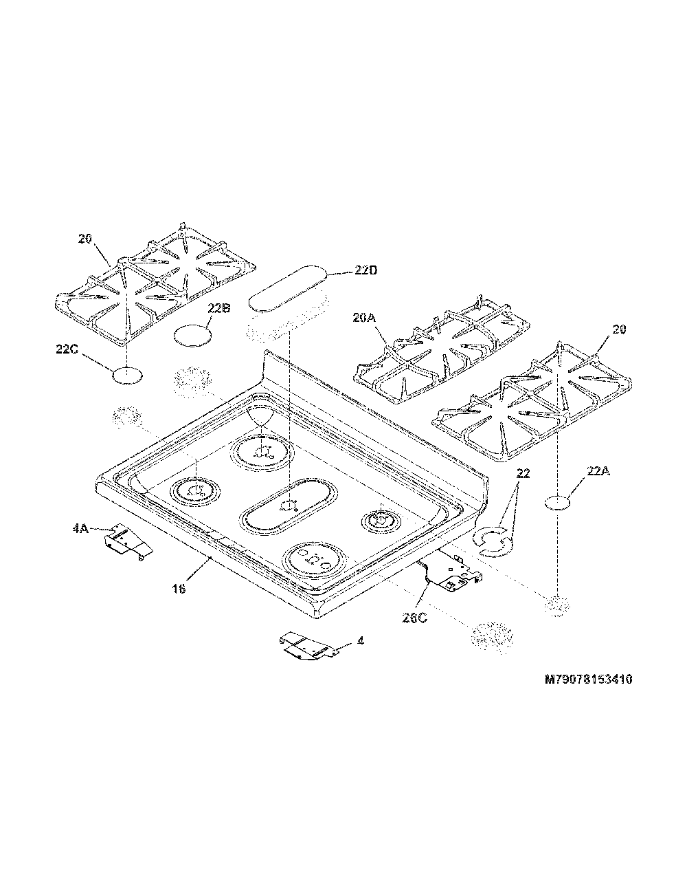 Main Top Diagram and Parts List for 79078053411  Kenmore Range