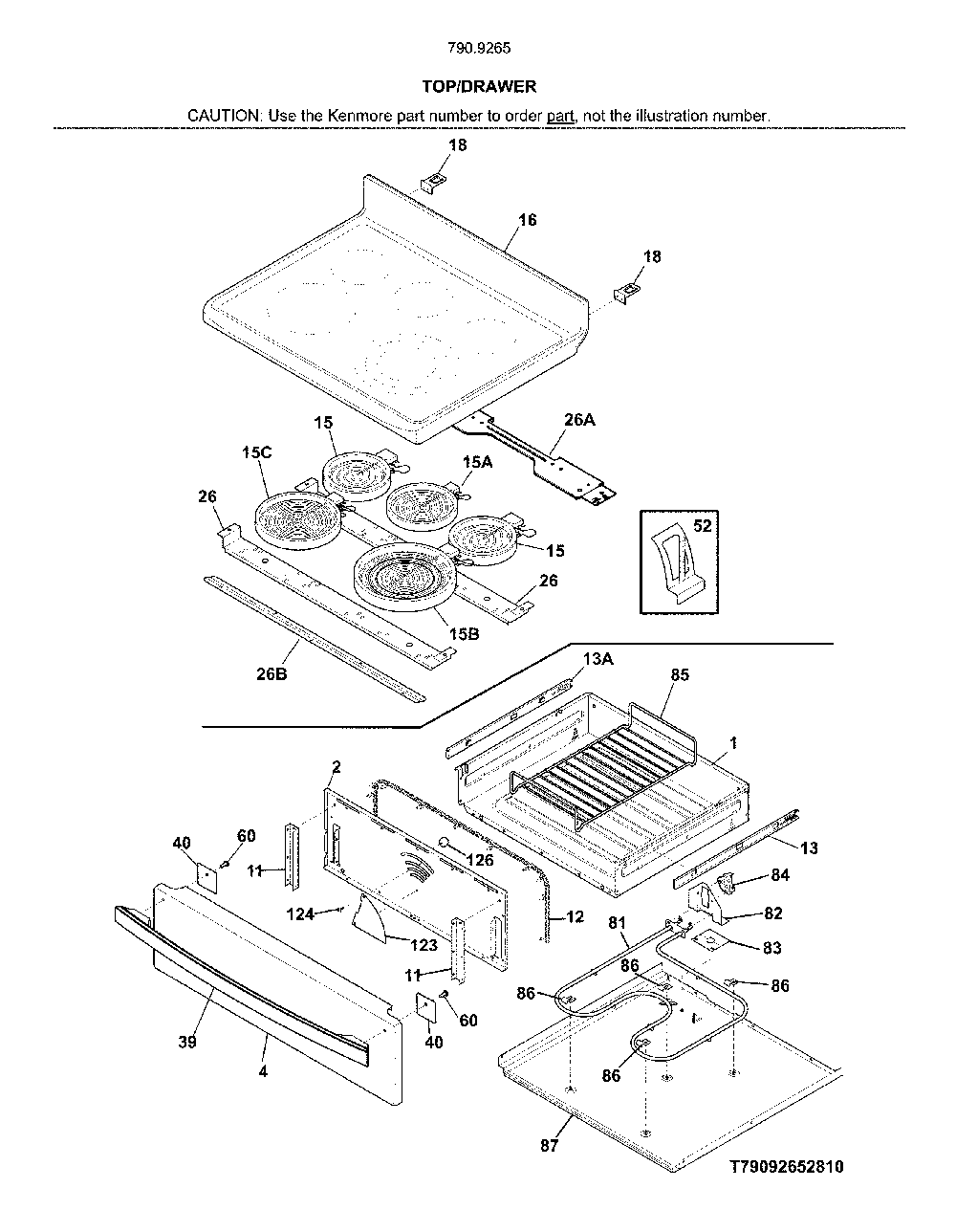 Top/Drawer Diagram and Parts List for 79092659810  Kenmore Range