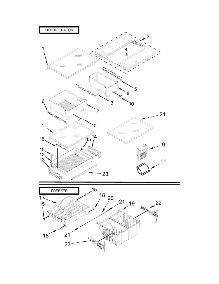 Shelf Parts Diagram and Parts List for MFF2055DRE00  Maytag Refrigerator