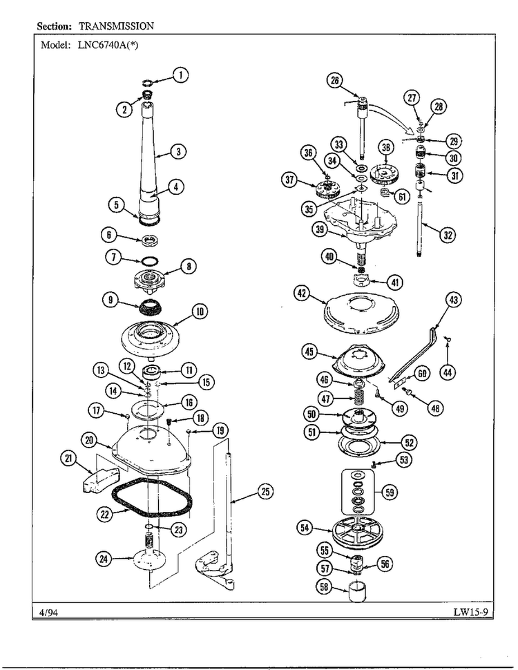 Transmission Diagram and Parts List for 6740A  Norge Washer