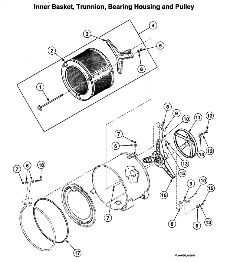 Inner Basket Diagram and Parts List for LTSA9AQN3060  Speed Queen Washer Dryer Combo