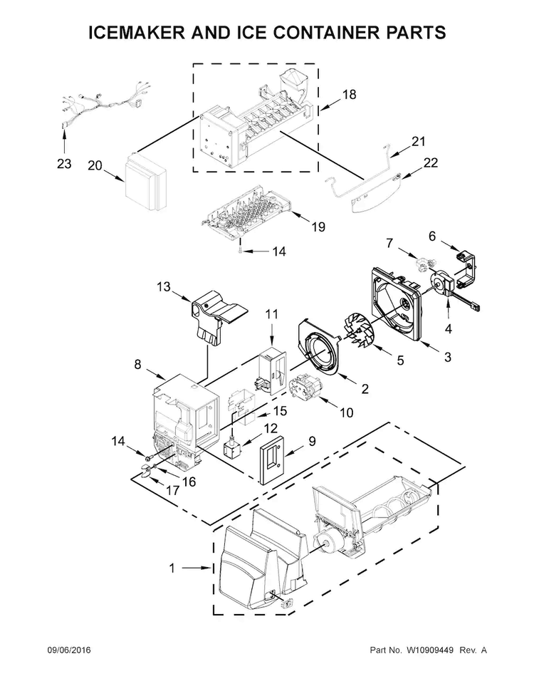 Icemaker And Ice Container Parts Diagram and Parts List for AFI2539ERB01  Amana Refrigerator