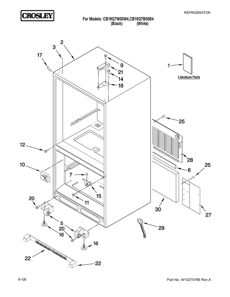 Cabinet Parts Diagram and Parts List for CB19G7W00W4  Crosley Refrigerator