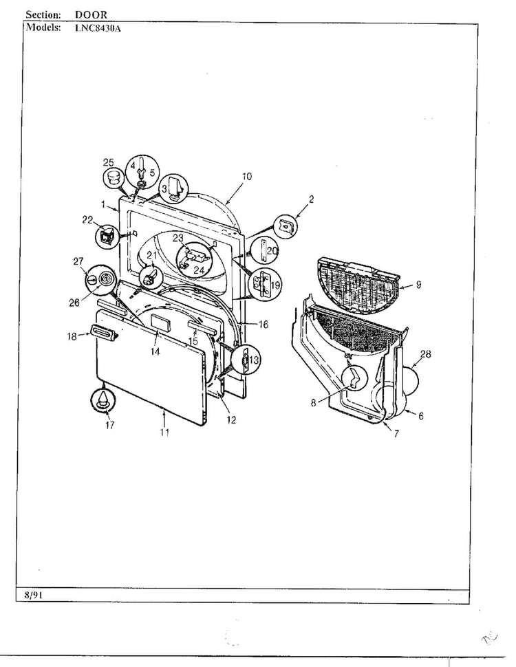 Door Diagram and Parts List for 8430A REV E Norge Dryer