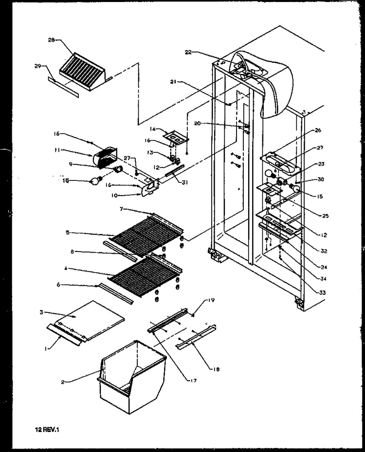 Freezer Shelving And Refrigerator Light Diagram and Parts List for 2599CIWEL-P1170601WL  Amana Refrigerator