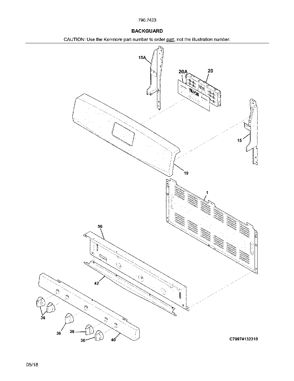 Backguard Diagram and Parts List for 79074232315  Kenmore Range