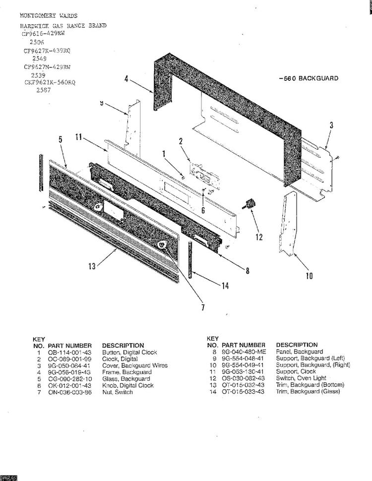 Backguard Diagram and Parts List for 2549  Hardwick Range