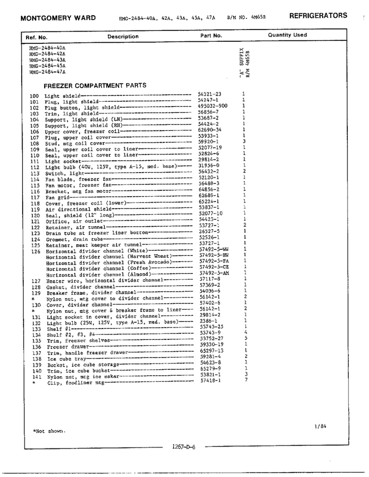 Freezer Compartment Parts Page 2 Diagram and Parts List for 2484-42A  Admiral Refrigerator