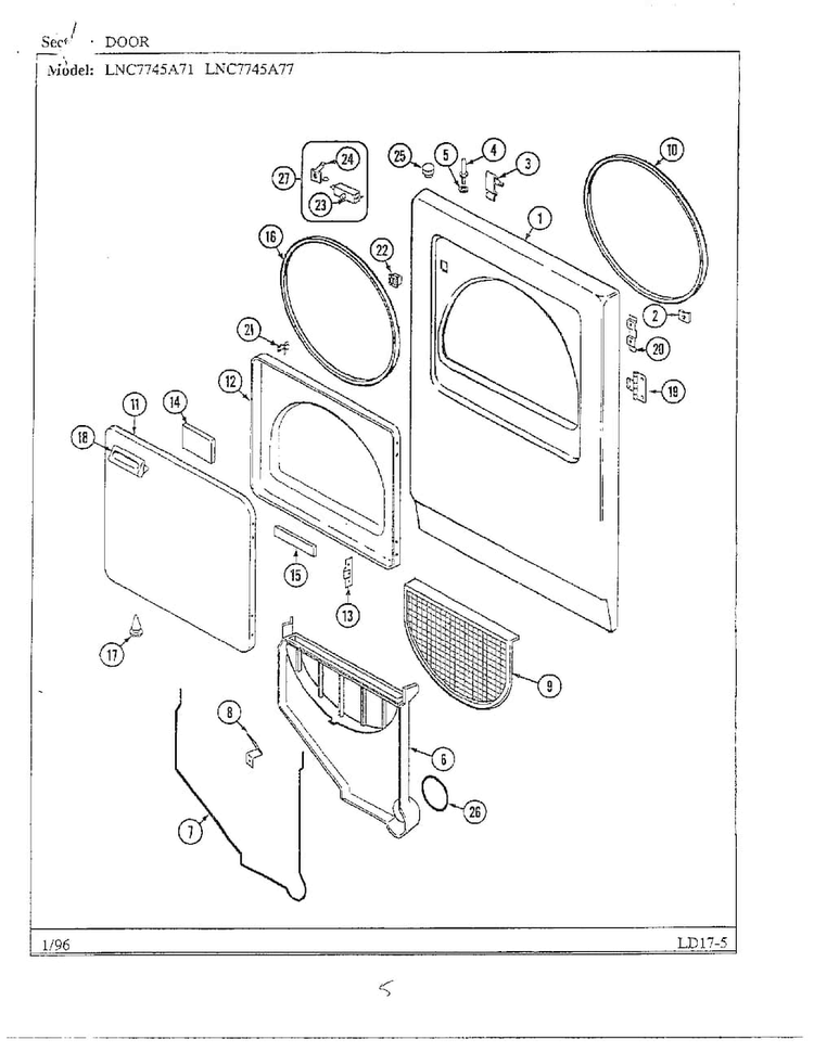 Door Diagram and Parts List for LNC7745  Maytag Dryer