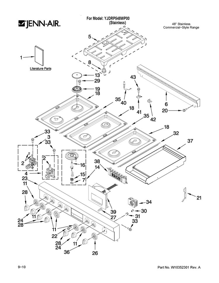 Cooktop, Burner And Grate Parts Diagram and Parts List for YJDRP548WP00  Jenn-Air Range