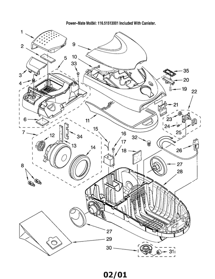 Vacuum Cleaner Diagram and Parts List for 11621513001  Kenmore Canister Vacuum