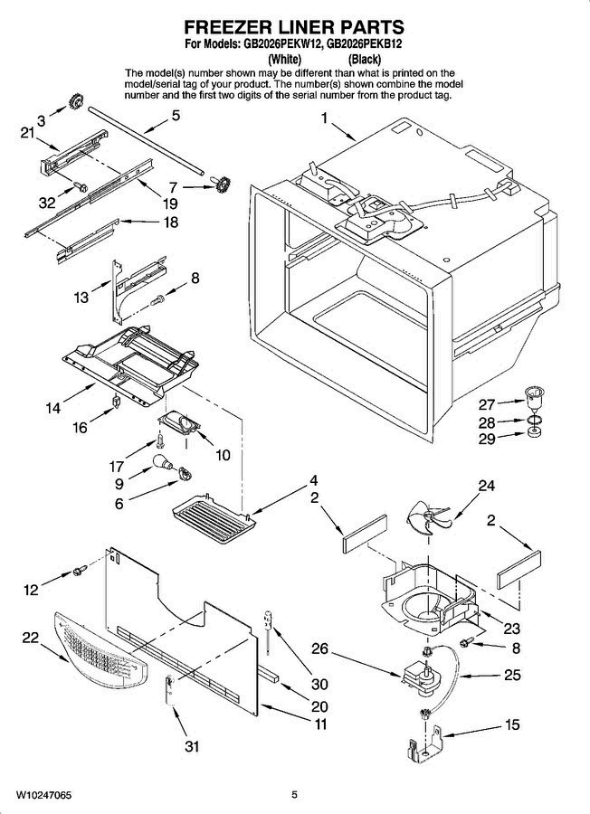 03 - Freezer Liner Parts Diagram and Parts List for GB2026PEKB12  Amana Refrigerator