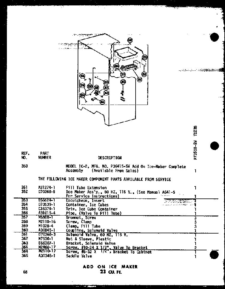 Add On Ice Maker 23 Cu. Ft. Diagram and Parts List for TC18B-P73500-7W  Amana Refrigerator
