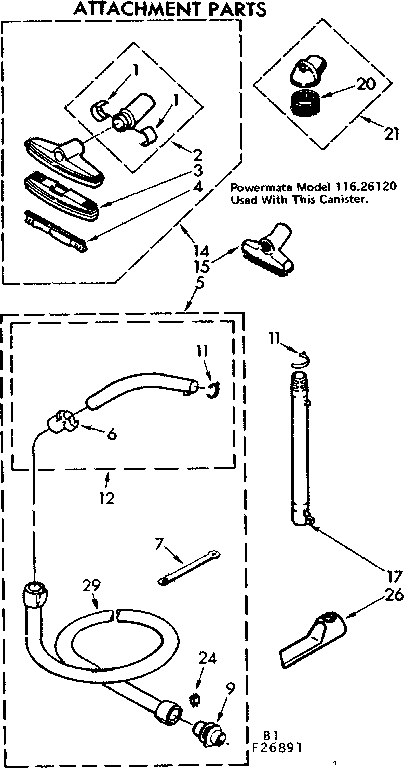 Attachment Parts Diagram and Parts List for 11626891  Kenmore Canister Vacuum