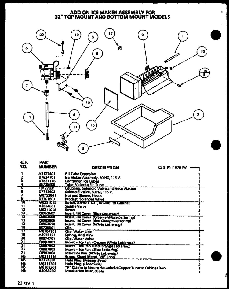 Icemaker Diagram and Parts List for 85868L-P1117304WL  Amana Refrigerator
