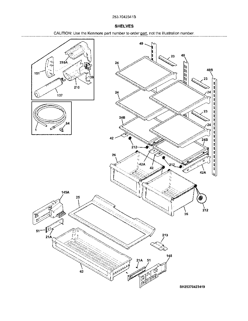 Shelves Diagram and Parts List for 2537042341B  Kenmore Refrigerator