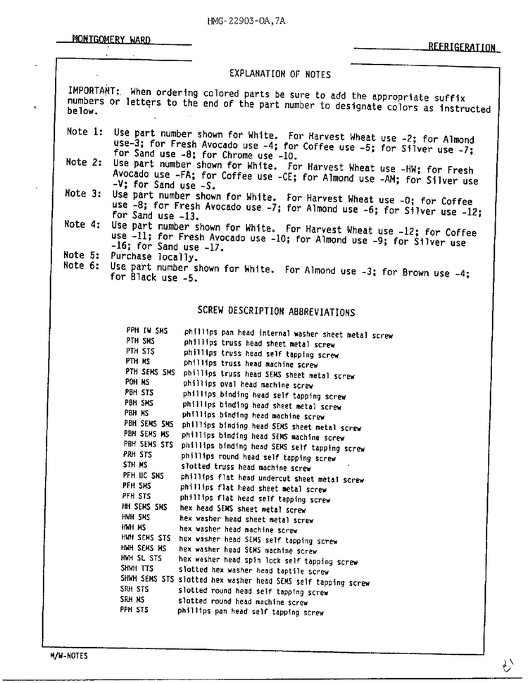 Refrigeration-screw Descript Abbrev Diagram and Parts List for 22903-OA  Admiral Refrigerator