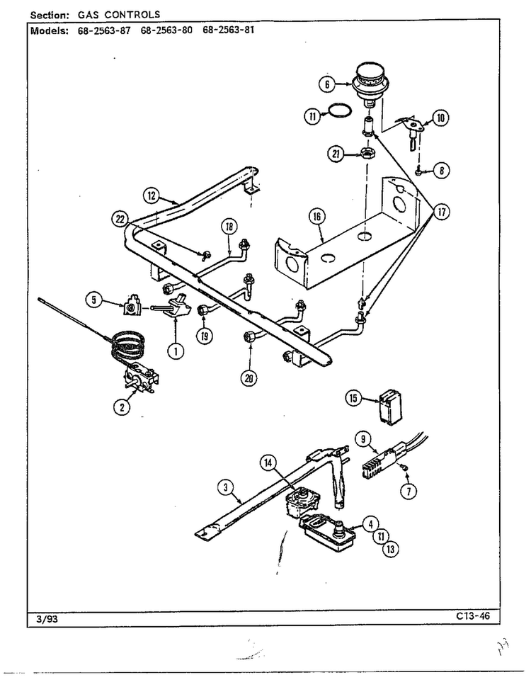 Gas Controls Diagram and Parts List for 68-2563-87  Magic Chef Range