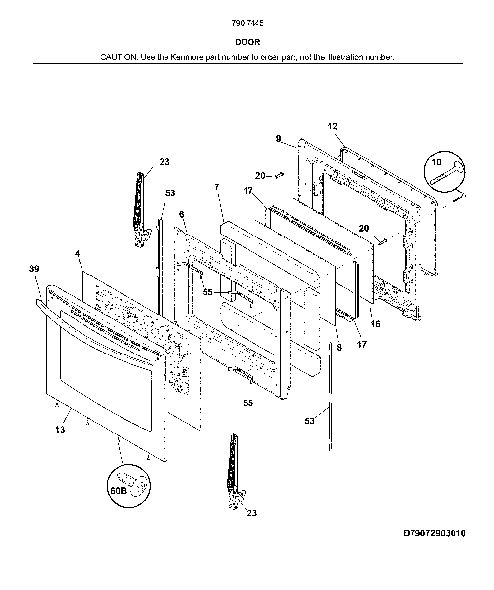 Door Diagram and Parts List for 79074457810  Kenmore Range