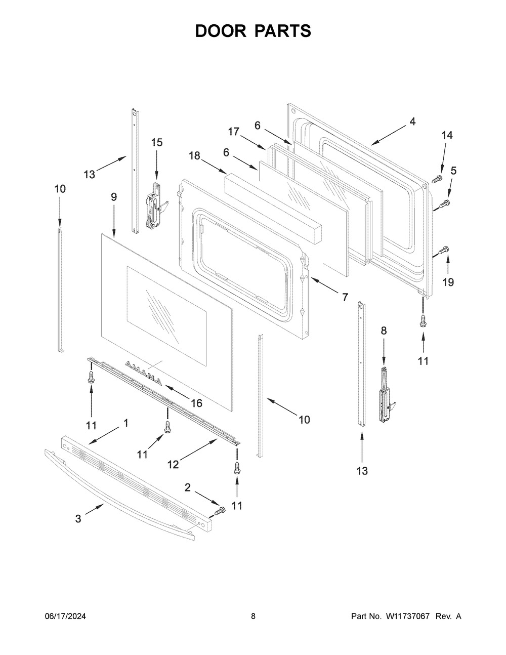 Door Parts Diagram and Parts List for AER6603SFW6  Amana Range