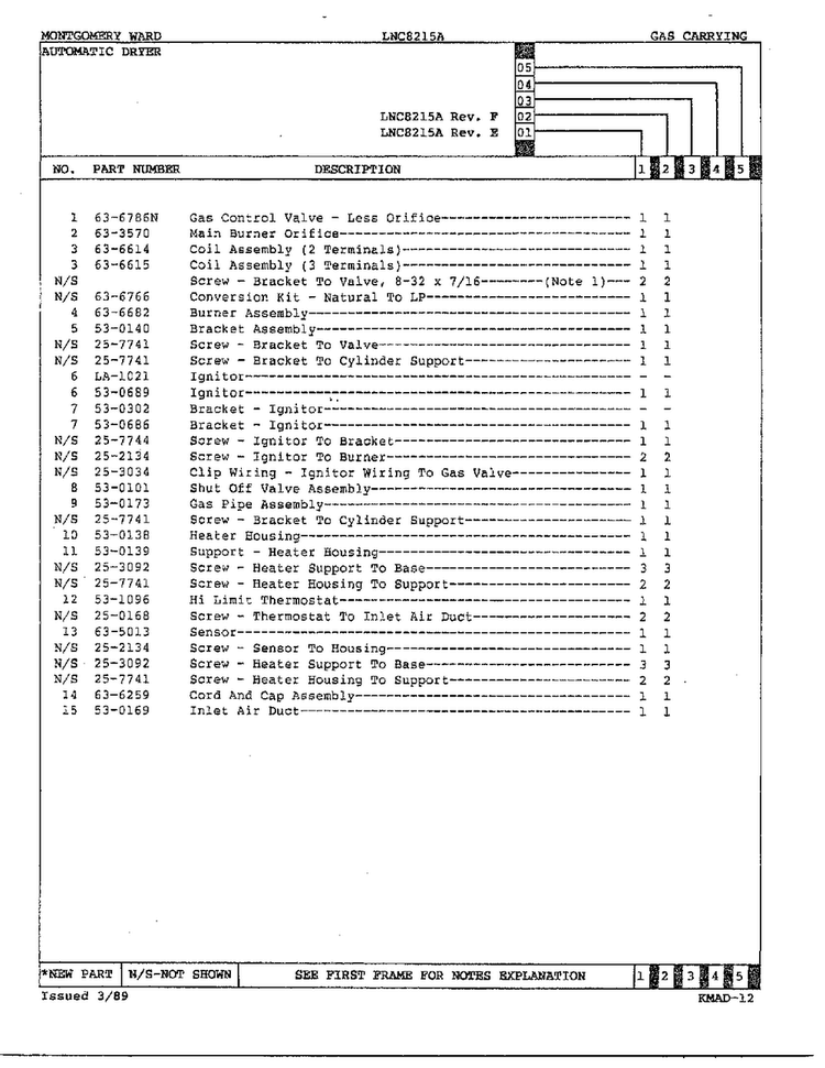 Gas Carrying Page 2 Diagram and Parts List for 8215A REV F Norge Dryer