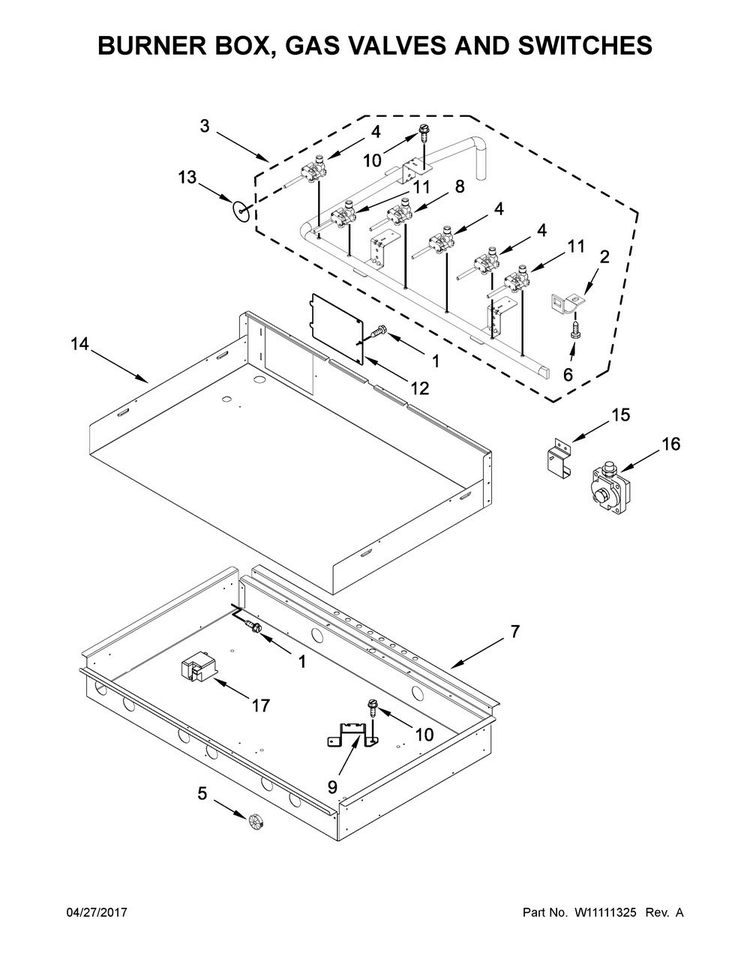 Burner Box, Gas Valves And Switches Diagram and Parts List for JGCP436WP02  Jenn-Air Cooktop