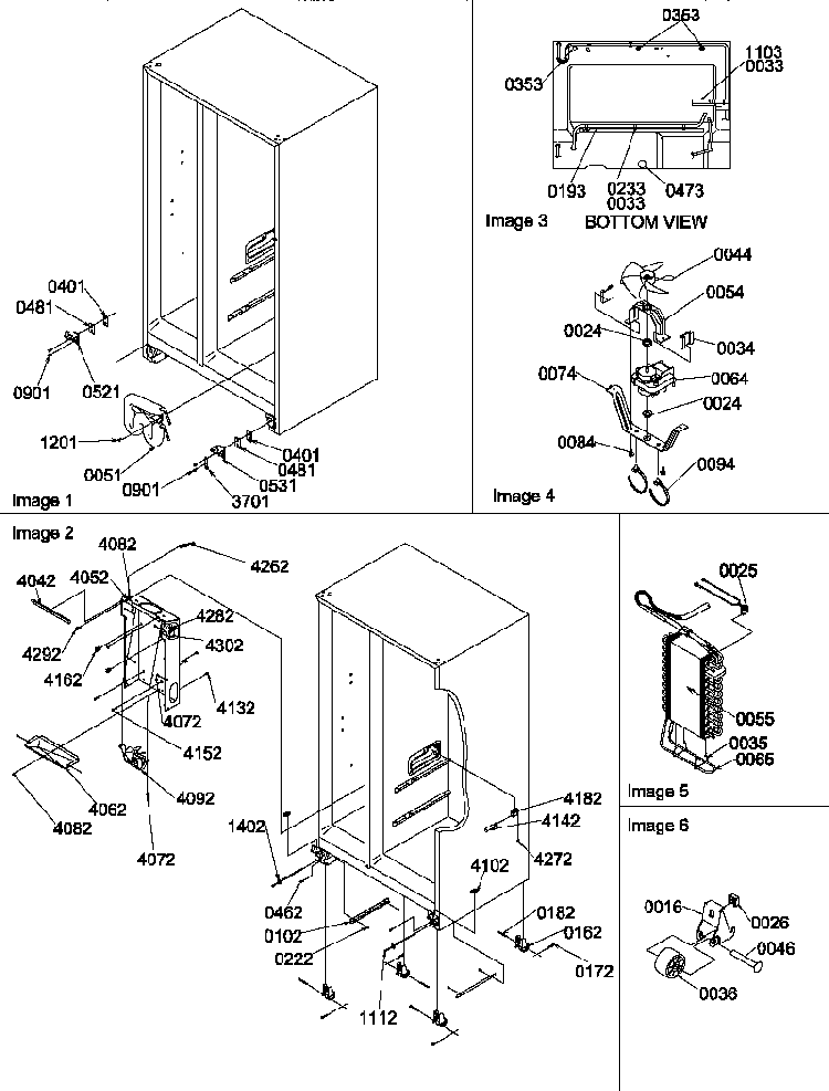 Rollers, Hinges, And Evaporator Assemblies Diagram and Parts List for SBDT520SW-P1185103WW  Amana Refrigerator