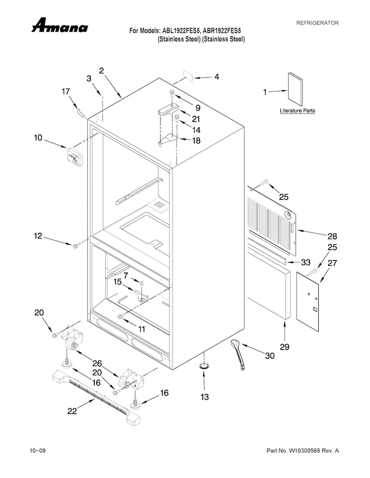 Cabinet Parts Diagram and Parts List for ABL1922FES5  Amana Refrigerator