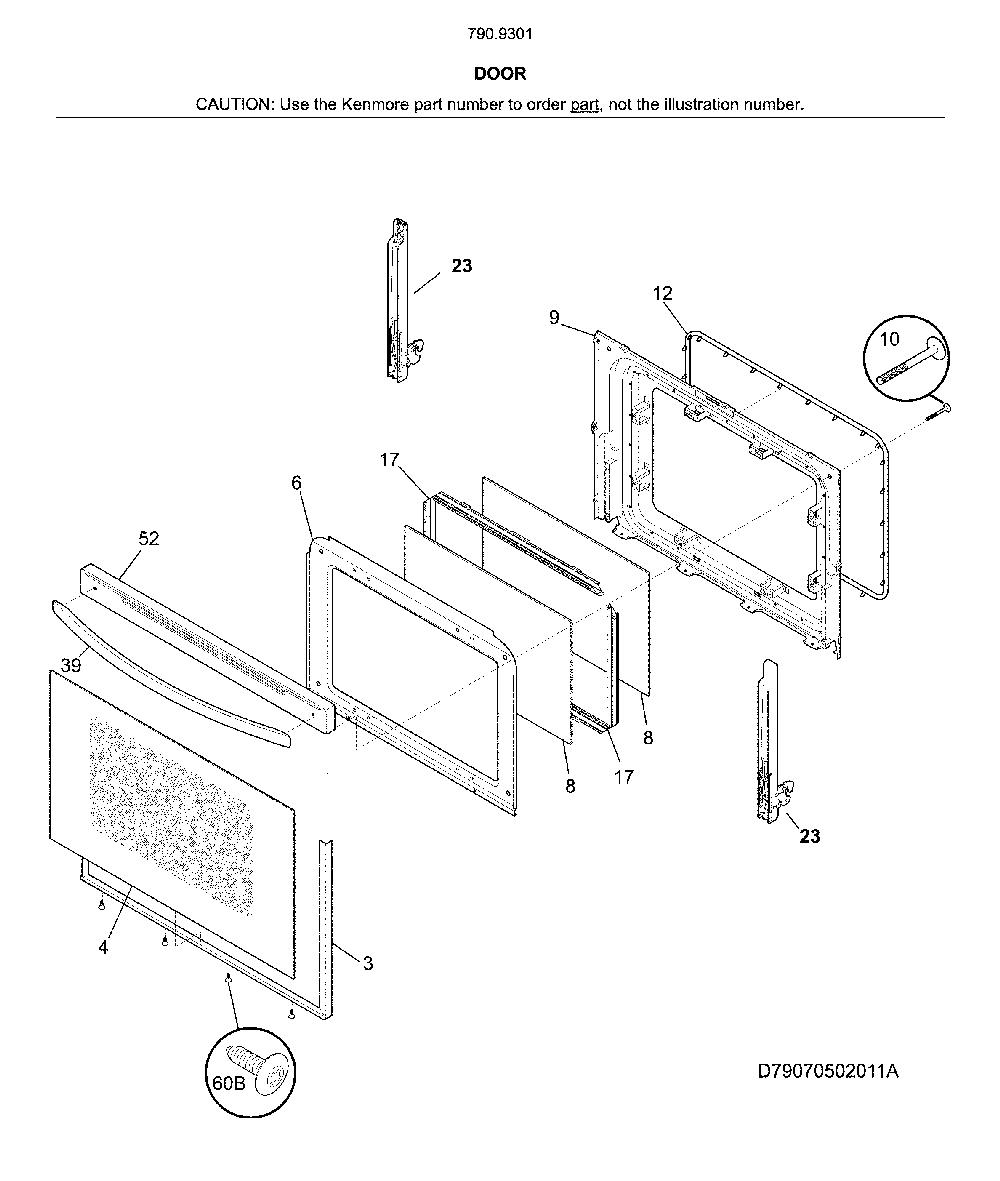 Door Diagram and Parts List for 79093012316  Kenmore Range