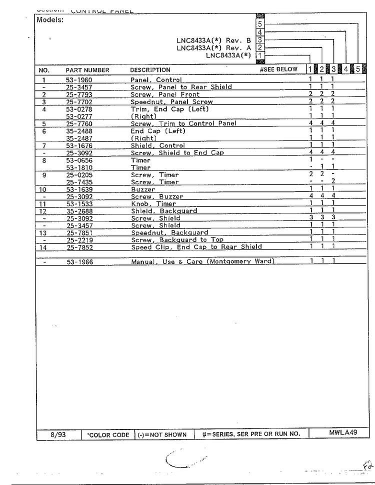 Control Panel Page 2 Diagram and Parts List for 8433A  Norge Dryer