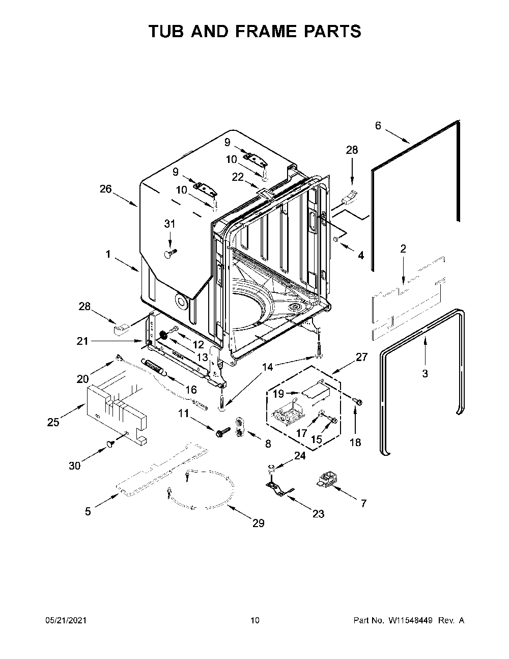 Tub And Frame Parts Diagram and Parts List for 66514793N513  Kenmore Dishwasher